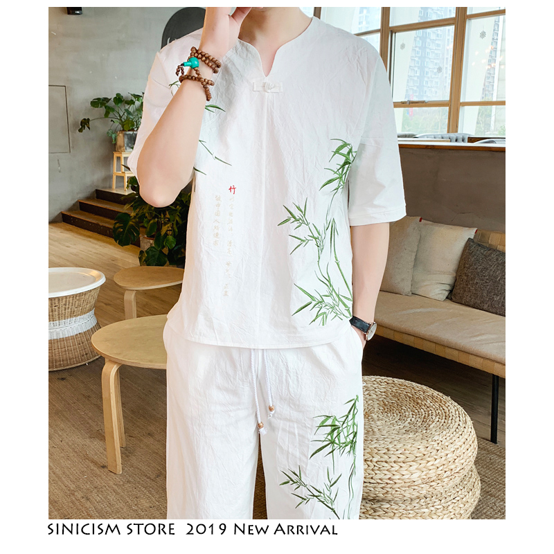 Sinicism Store Bamboo Embroidery Tracksuit Men 2019 Mens Summer Linen Sweatsuits Male Streetwear Chinese Vintage 2 Piece Sets