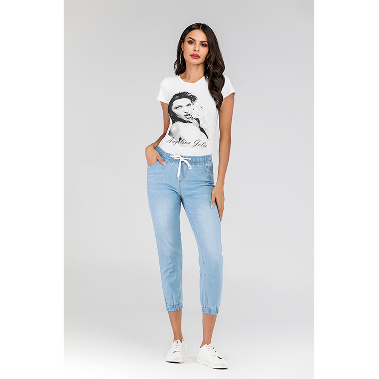 hot sale Women Summer Pants Casual Trousers for Ladies Blue Ripped Mid Waist Drawstring Skinny Denim Calf Length Jeans