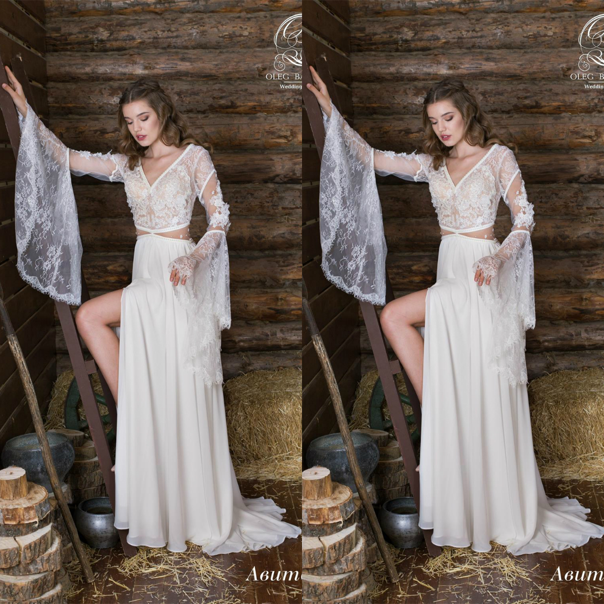 oleg baburow bohemian wedding dresses v neck long sleeves lace cutaway sides chiffon split bridal gowns beach wedding dress