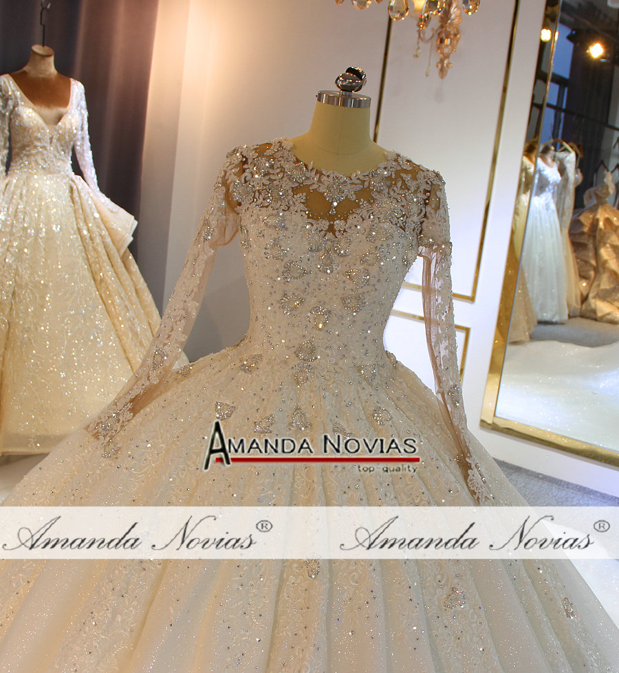 High Neck Crystal Lace Ball Wedding Dresses Muslim Long Sleeves Open Back Plus Size Bridal Gown Real Pictures