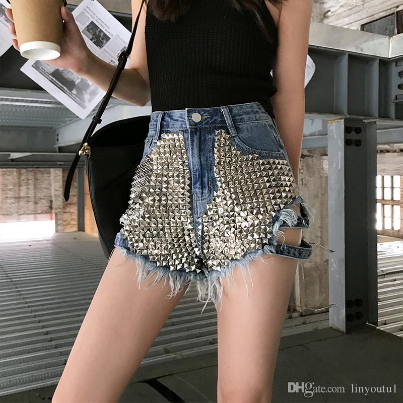 2020 Rivet beading denim shorts female high waist hollow cut hole denim shorts with strap street style hot shorts