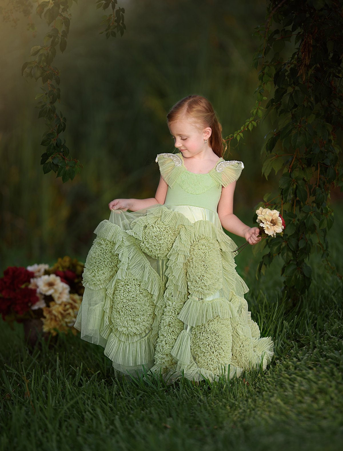2019 New Beach Flower Girl Dresses Green Boho First Communion Dress For Little Girl Jewel Neck Sleeveless A-Line Cheap Kids Wedding Dress