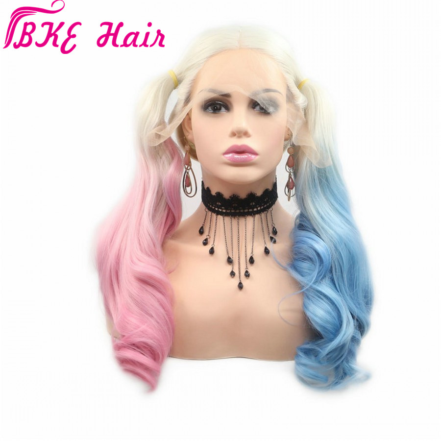 Perruques long Blonde Ombre Blue/ Pink Wigs Synthetic Lace Front Wig for white women Heat Resistant Hair full wig Cosplay Party Hairstyle
