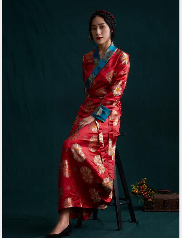 South Asia Nepal Tibet Himalayan Areas Travel costume Woman lady girl clothing oriental Chinese moden Long Robe tibetan dress