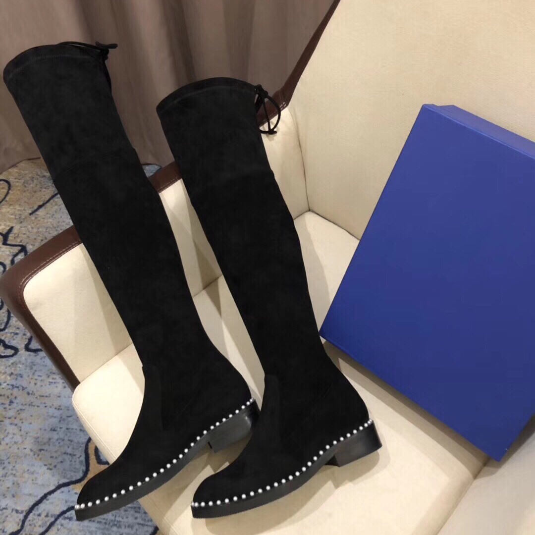 Hot Sale-Women High Silk Sheepskin Knee High Dress Boots fashion Pearl Low Heel Thigh-High Boots Winter Plush Black Snow Knight Boots