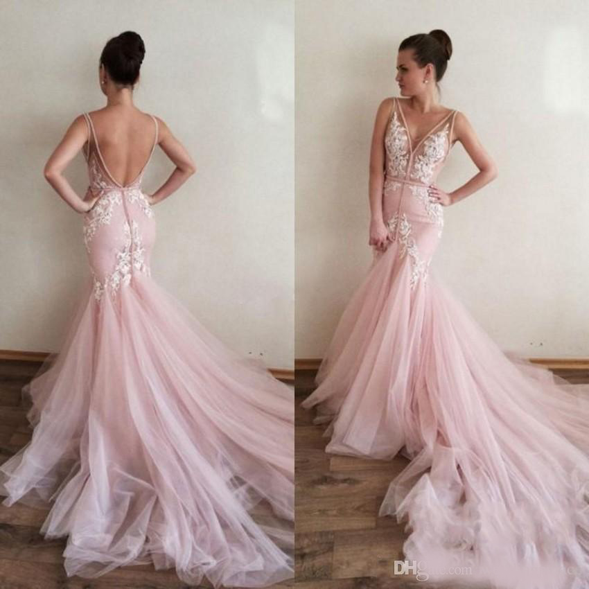 Amazing V-neck Tulle Pink Prom Dresses Appliques Court Train Mermaid Evening Dresses Prom Gowns Vestidos de Festa Special Occasion Dresses