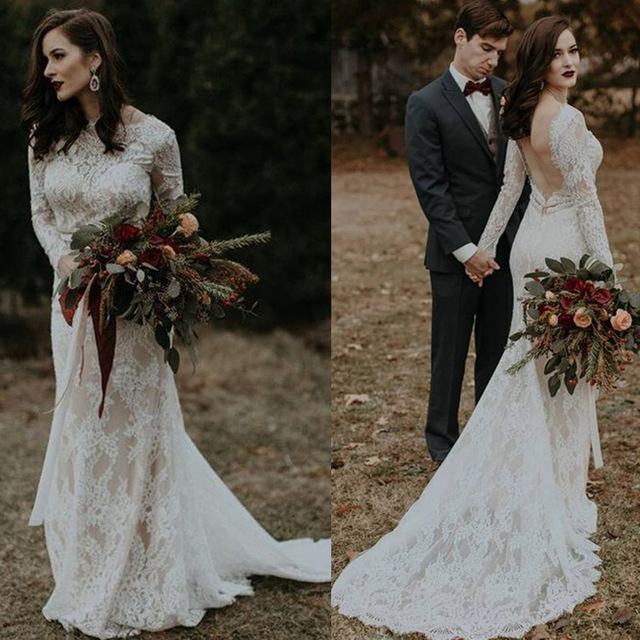 Modest Country Mermaid Lace Wedding Dresses Long Sleeves Sexy Low Backless Bohemian Boho Bridal Gowns Plus Size Sweep Train robe de mariée