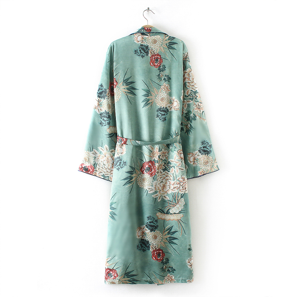 2019 New Vintage Pareo Retro Floral Print Green Long Kimono Jacket Long Sleeve Cardigan Maxi Shawl Summer Tops Belted Beachwear V191019