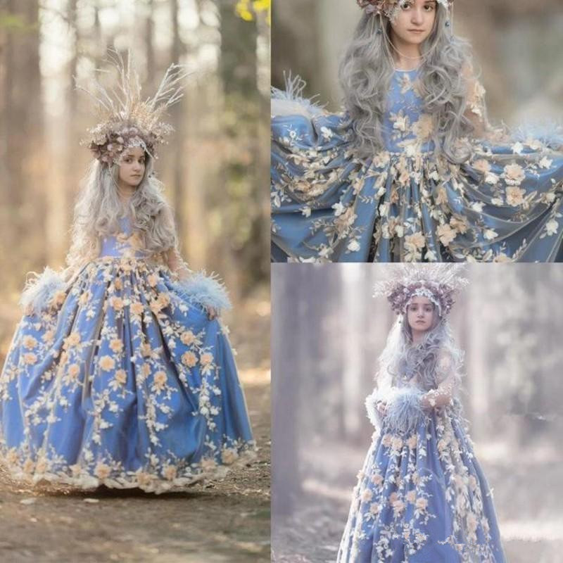 Vintage Girls Pageant Dresses 2020 Jewel Neck 3D Floral Appliqued Princess Kids Formal Wear Feather Long Sleeve Party Birthday Gowns