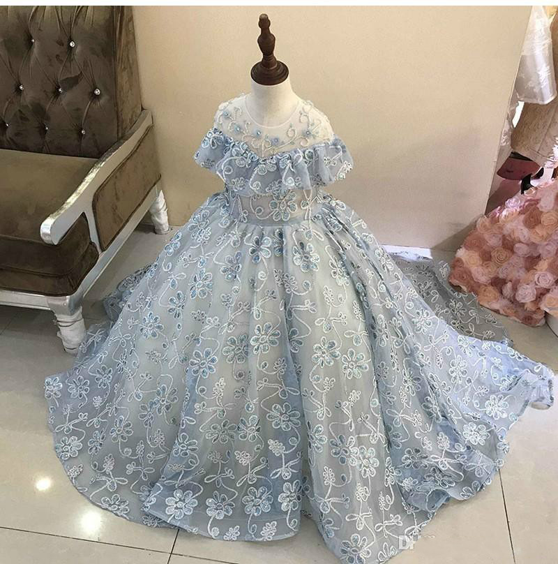 Light Blue Flower Girl Dresses For Wedding Tulle Appliqued Beads Sequins Ball Gown Little Girls Pageant Dress First Communion Gowns