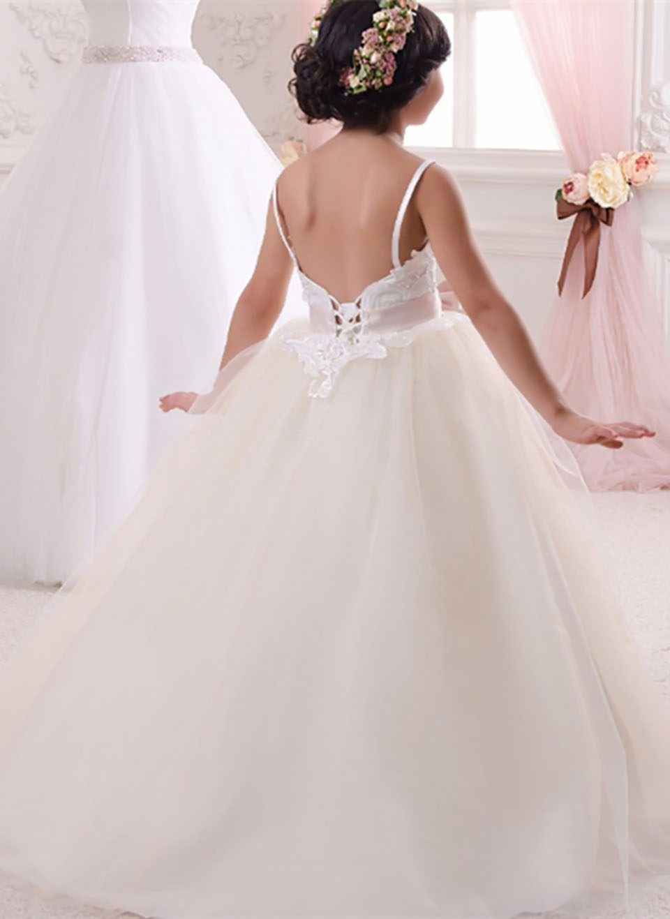 Birthday Party Flower Girl Dress Lace Appliques Sleeveless Thin Shoulder Strap Tulle Fluffy Kids First Holy Communion Dresses