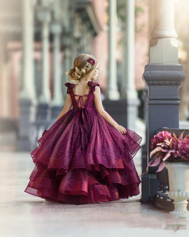 sparkly sequined flower girl dresses formal prom gowns tiered skirts party lace v neck girls birthday pageant dress