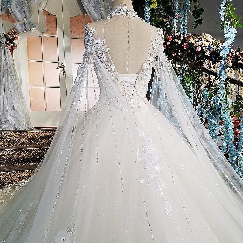 Gown Lace Ball Wedding Dresses High Neck Beaded Long Sleeves Bridal Gowns Sequined Tulle Cathedral Train Appliqued Robes De Marie s