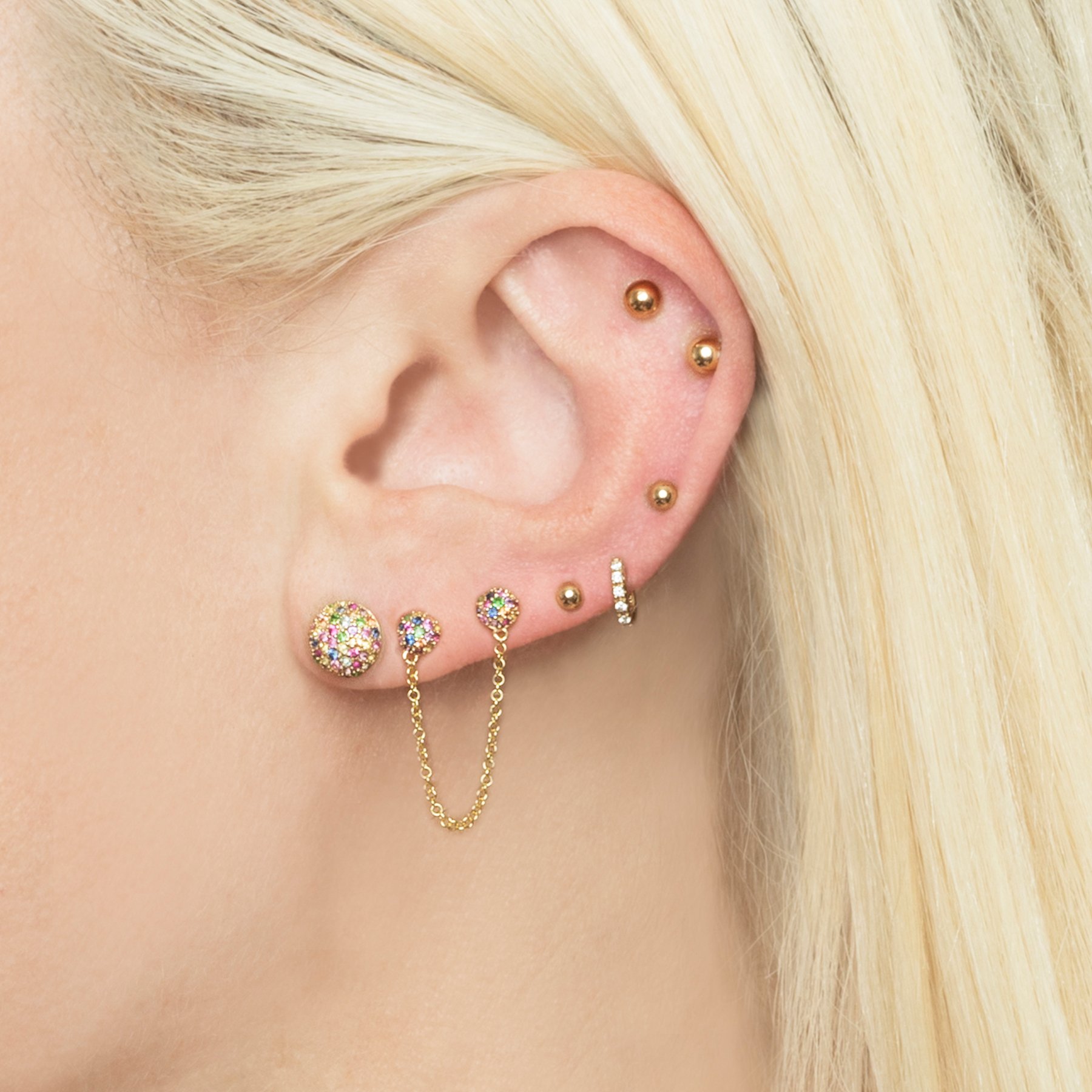 Half round ball stud earring micro pave rainbow colorful cubic zirconia Gold plated 925 sterling silver studs for girl