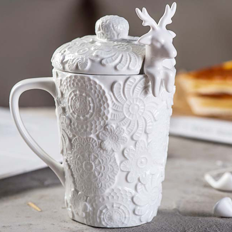 

Creative 3D Couples Cups with Lid Deer Spoon Cute Milu Deer Coffee Cup Milk Cups Snow Lace Knit Embossed Ceramic Mug Breakfast Cup, White