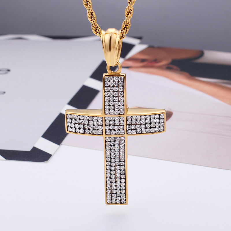 Men Hip Hop Cross Pendants Necklace 316L Stainless Steel Full Cubic Zirconia Setting 18K Gold Plated Jewelry