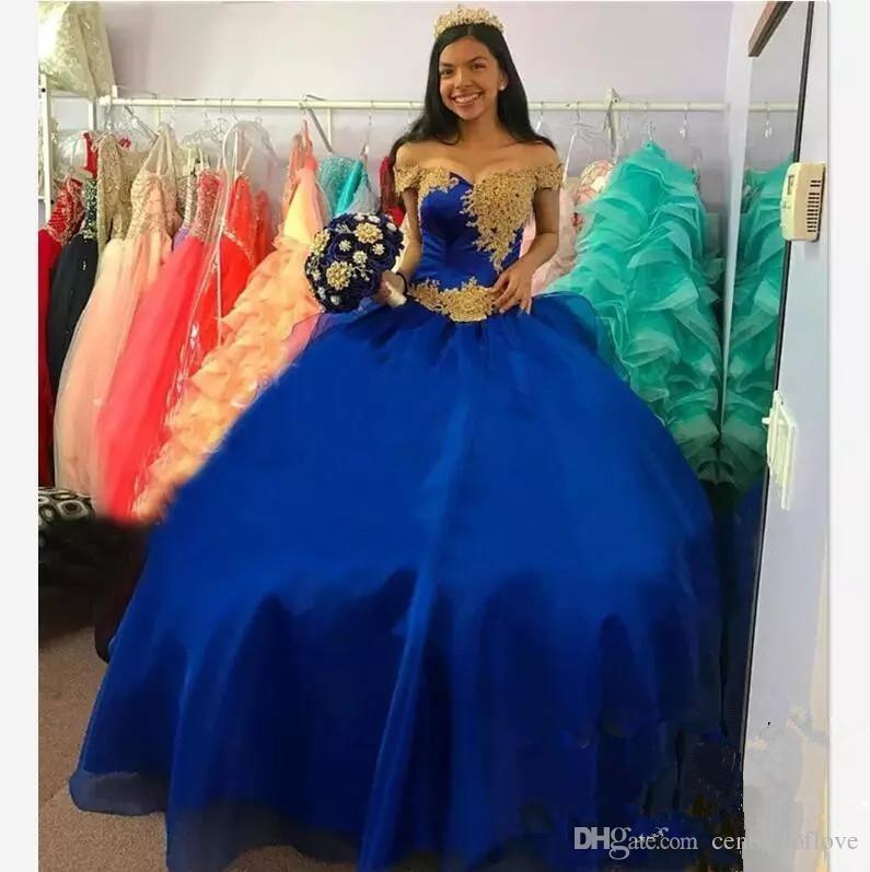 Royal Blue Quinceanera Dresses Off The Shoulder Gold Appliqued Beads Ball Gown Prom Dress Custom Made Sweet 16 Dress Free Petticoat