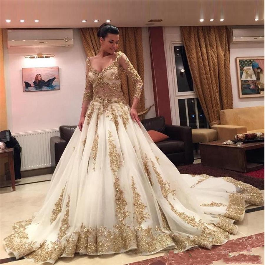 New A Line Wedding Dresses V-Neck Long Sleeves Lace With Gold Appliques Beaded Illusion Cathedral Train Plus Size Bridal Gowns