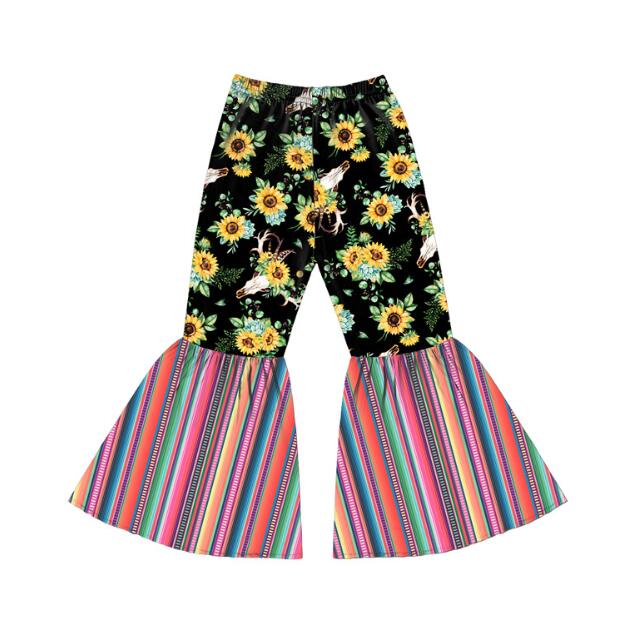 6styles Girl Flared Pants Kids Sunflower Printed Bell-bottom Trousers Baby Elastic Belt Trousers Toddler Floral Casual Pants GGA3415-3