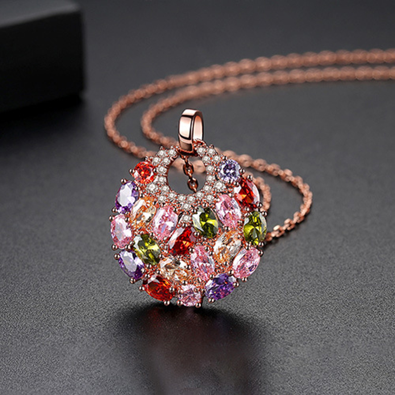 Fashion Colorful Cubic Zirconia Pendant Necklace 14K Gold Plated Bling Necklace Jewelry Women Girl Friend Christmas Gift