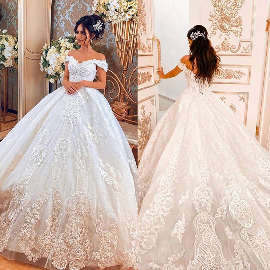 Elegant Chapel Train Wedding Gowns A Line Applique Bridal Gowns Off shoulder Weeding Dresses Abiti Da Sposa
