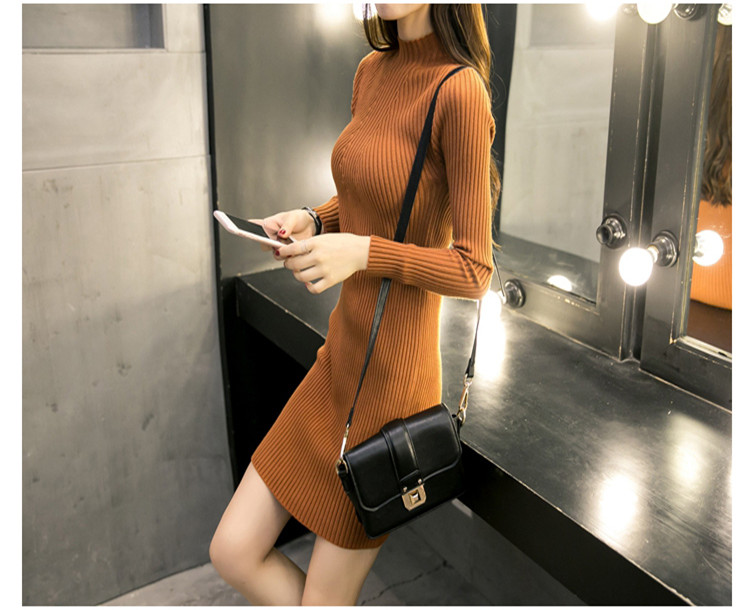High Quality Knitted Cotton Skinny Stand Collar Women Sweater Dresses Elastic Plus Size Winter Warm Vestidos Feminino