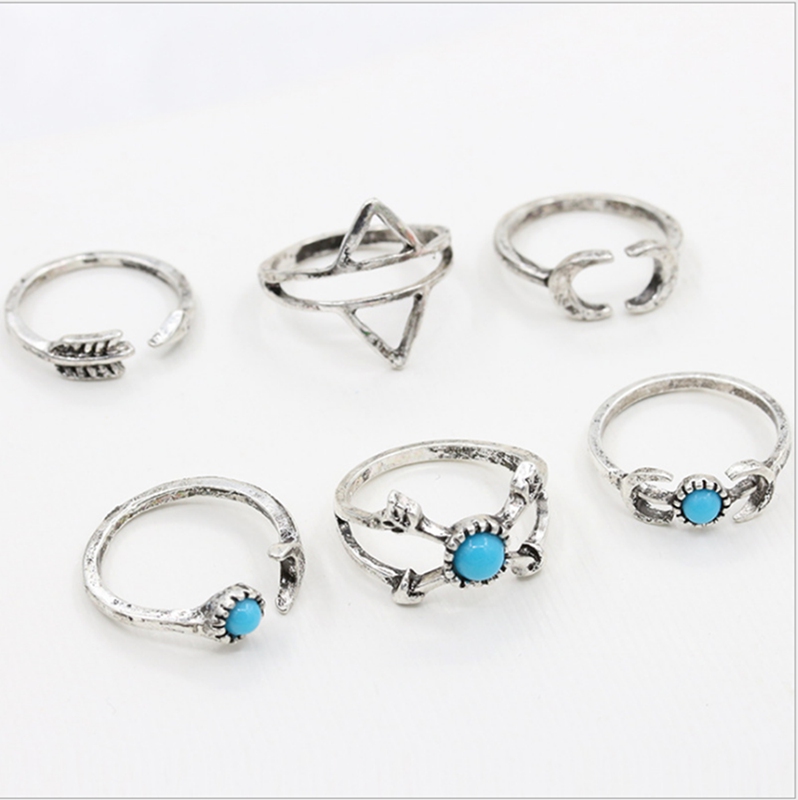 Retro Openwork Flower Gems Geometry 7 Piece Set Turquoise Moon Arrow Loop Fashion Ring Set Bohemian Stackable Set for Female Girls