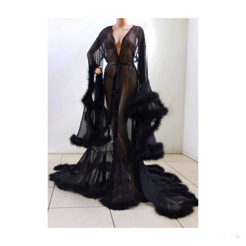 Black Bathrobe for Women Plush Cuff Full Length Lingerie Nightgown Pajamas Sleepwear Luxury Dressing Gowns Housecoat Nightwear Lounge Wear