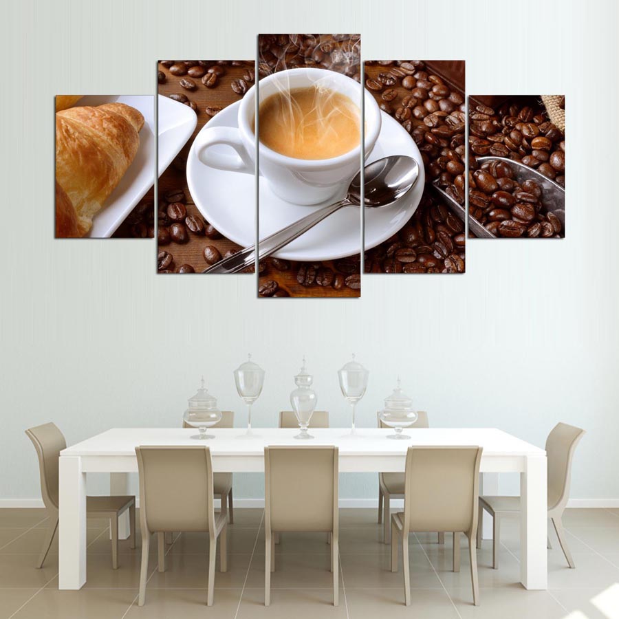 HD Printed Modular Painting Frame Canvas Poster 5 Piece Steaming Coffee Cup Pictures For Kitchen Food Home Wall Art Decor No Frame