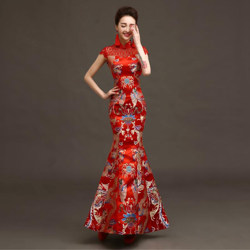 Women Chinese Cheongsam Summer Long Fishtail Chinese Traditional Dress Wedding Red Cheongsam Dress Long Qipao1