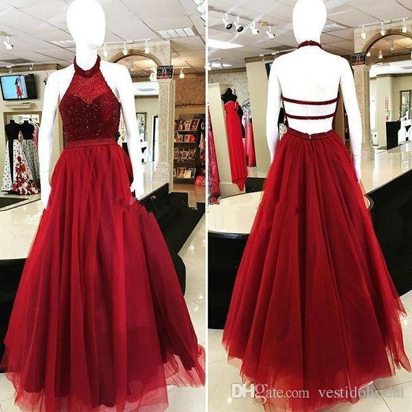 2018 Dark Red Prom Dress Long Halter Beaded Top Sexy Backless A Line Organza Arabic Evening Dresses Formal Party Gown Quinceanera Wear