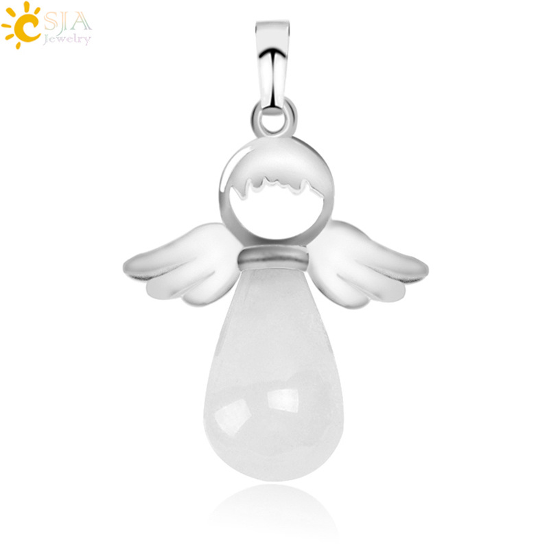 Natural Stones Angels Wings Pendant for Necklace Pink Quartz Onyx Pendants Silver-color Water Drop Female Jewelry Gift