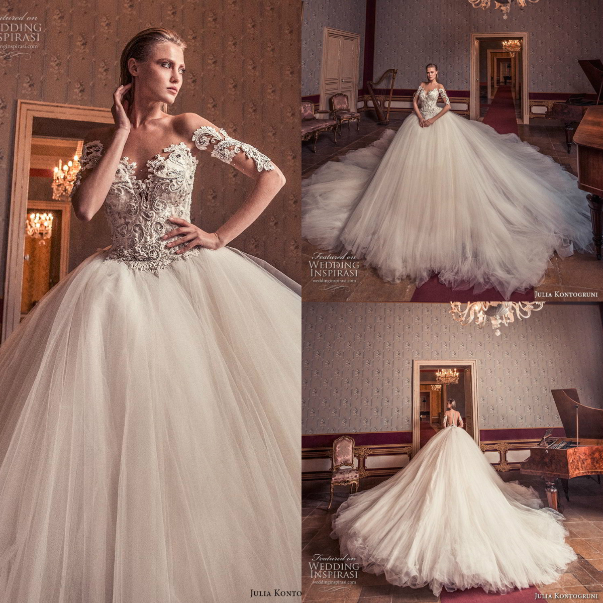 Vintage 2019 Julia Kontogruni Wedding Dresses Off Shoulder Sheer Neck Long Sleeve Lace Appliques Beads Ball Gowns Bridal Gowns Custom