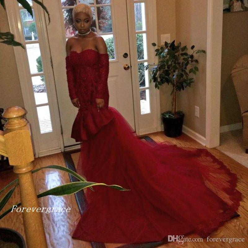 2019 Black Girl Off-Shoulder Long Sleeve Prom Dress New Arrival Mermaid Burgundy Appliques Lace Backless Party Gown Custom Make Plus Size