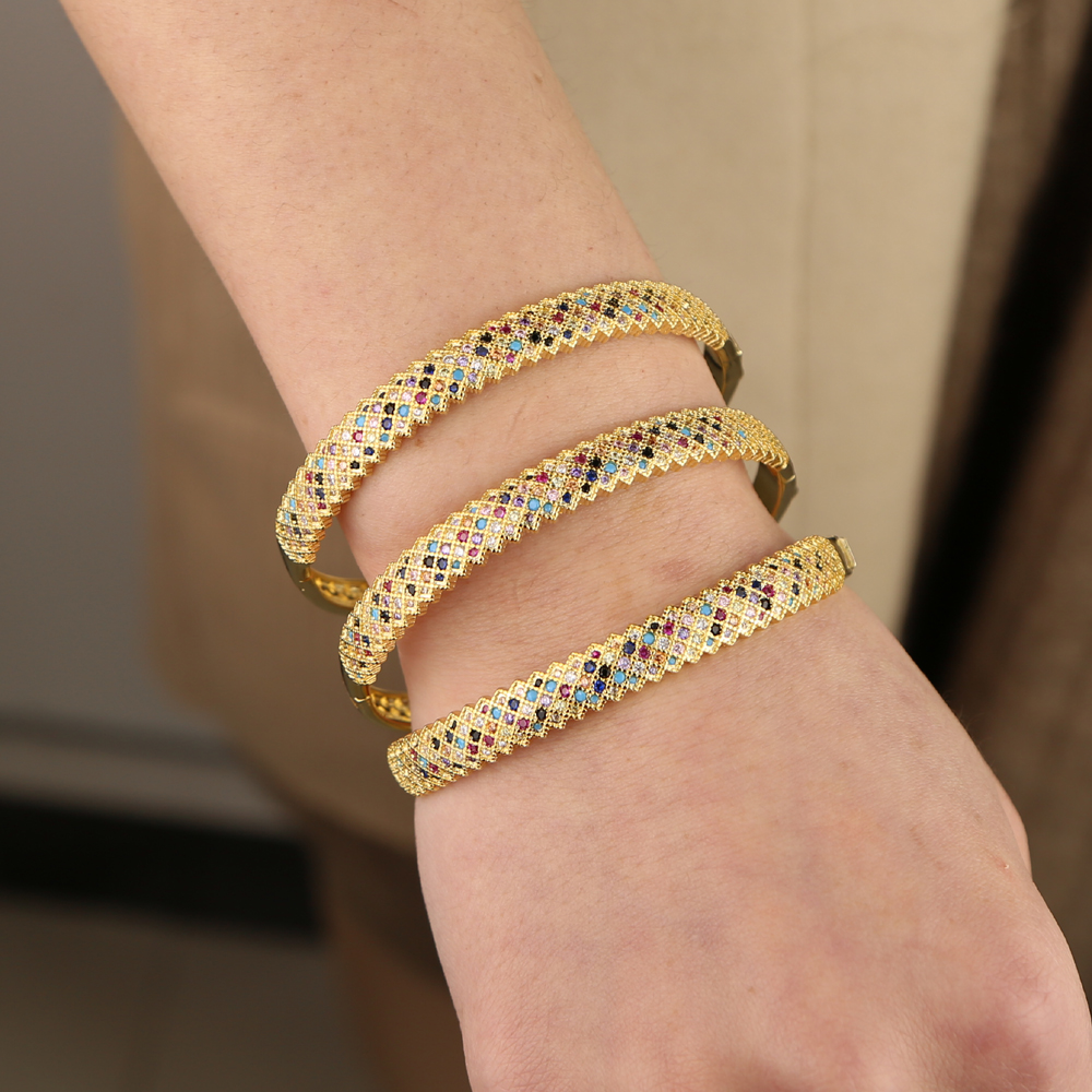 Behomia boho luxury wide band gold plated bangle micro pave colorful cubic zirconia cz gorgeous bracelet