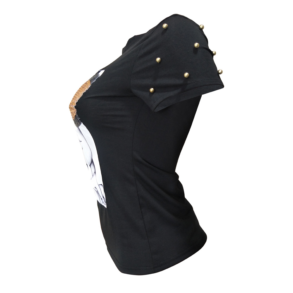 Summer Sexy T shirt Women Short Sleeve Sequins Shirts Women O-Neck Black Top Tee Women Clothing