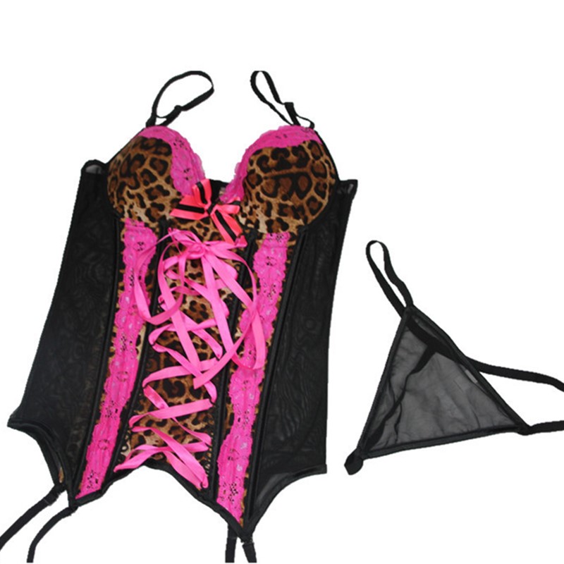 Women Gartered Push-up Bra Fashion Leopard Lace-up Front and Side Mesh 8pcs Plastic Fully Boned Bustier with Thong Set Sexy Lingerie Corset
