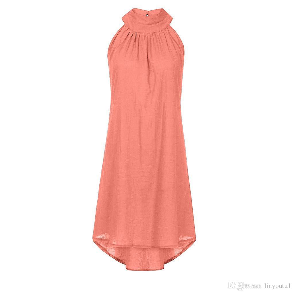 Linen Vest Sundress Draped Elegant Girl hot sale 2020 Casual Spring Pleated Dress Solid Color Sleeveless Round Neck Party Night