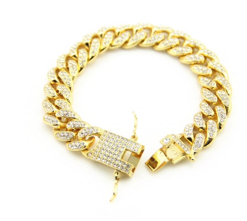 New Color 12mm Prong Cuban Link Chains Bracelets Fashion Hiphop Jewelry 3 Row Rhinestones Iced Out Braclets For Men