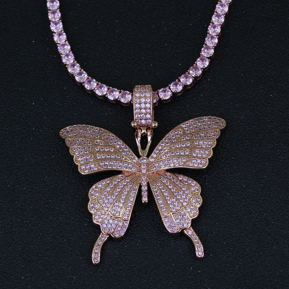 Bling Butterfly Pendants Necklace Jewelry Hip Hop Full Pink Zircon Real Gold Platinum Plated Men Women Lover Gift