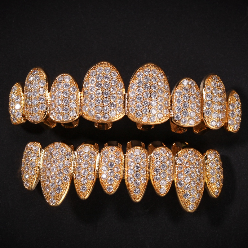 Iced Out 14K Gold Grills Crystal Teeth Top Bottom Dia Grillz Hip Hop Bling Cubic Zircon Rapper Body Jewelry