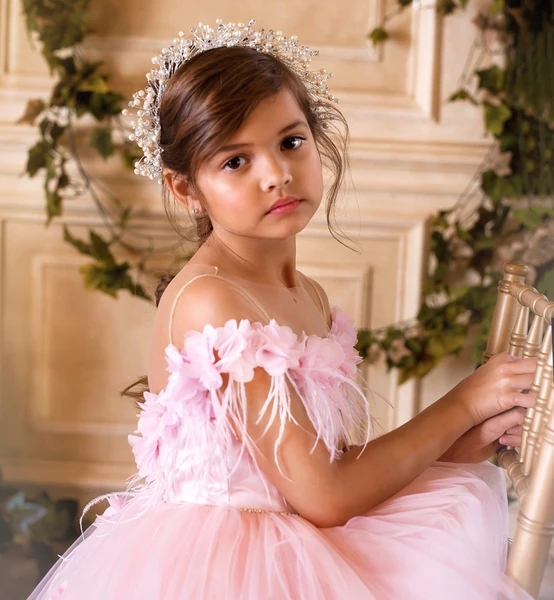 Princess Pink Long Flower Girl Dresses With Flower Feather Sheer Neck Beaded Belt Puffy Gowns Little Girls Birthday Party Dress With Train
