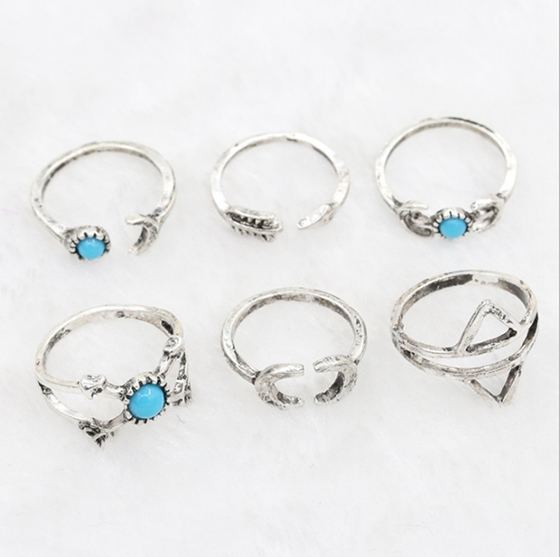 Retro Openwork Flower Gems Geometry 7 Piece Set Turquoise Moon Arrow Loop Fashion Ring Set Bohemian Stackable Set for Female Girls