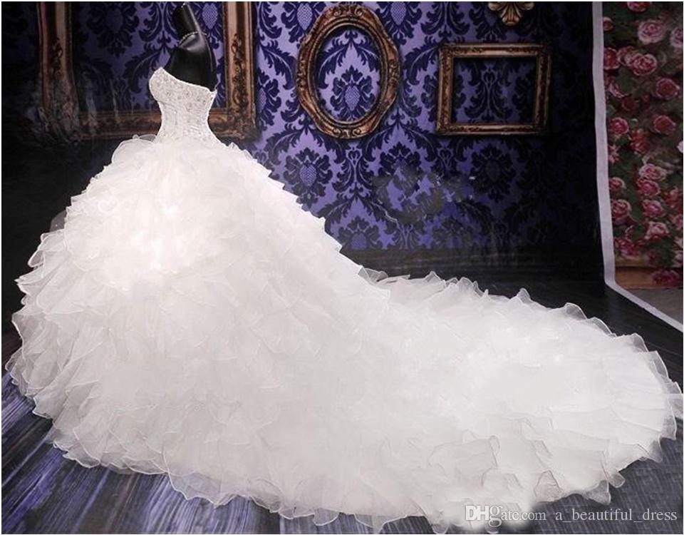 Free Shipping Any Size Princess Gown Corset Sweetheart Organza Ruffles Cathedral Train Bridal Gowns Luxury Beaded Ball Gown Wedding Dresses