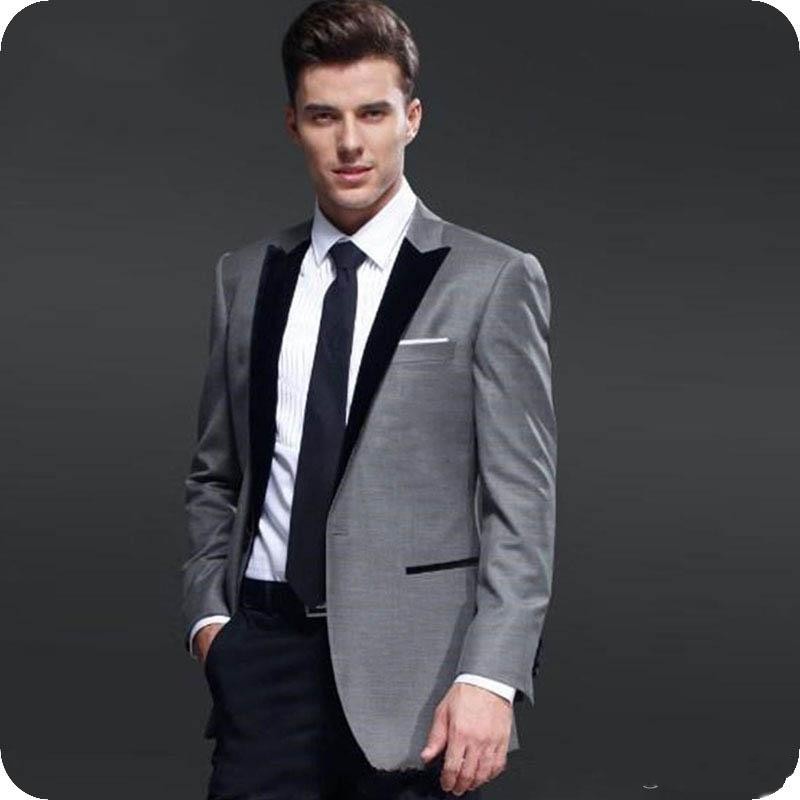 Grey Groom Tuxedos Black Peak Lapel Groomsmen Wedding Tuxedos Center Vent Men Formal Dinner Party Prom Blazer Suit (Jacket+Pants+Tie) 1064