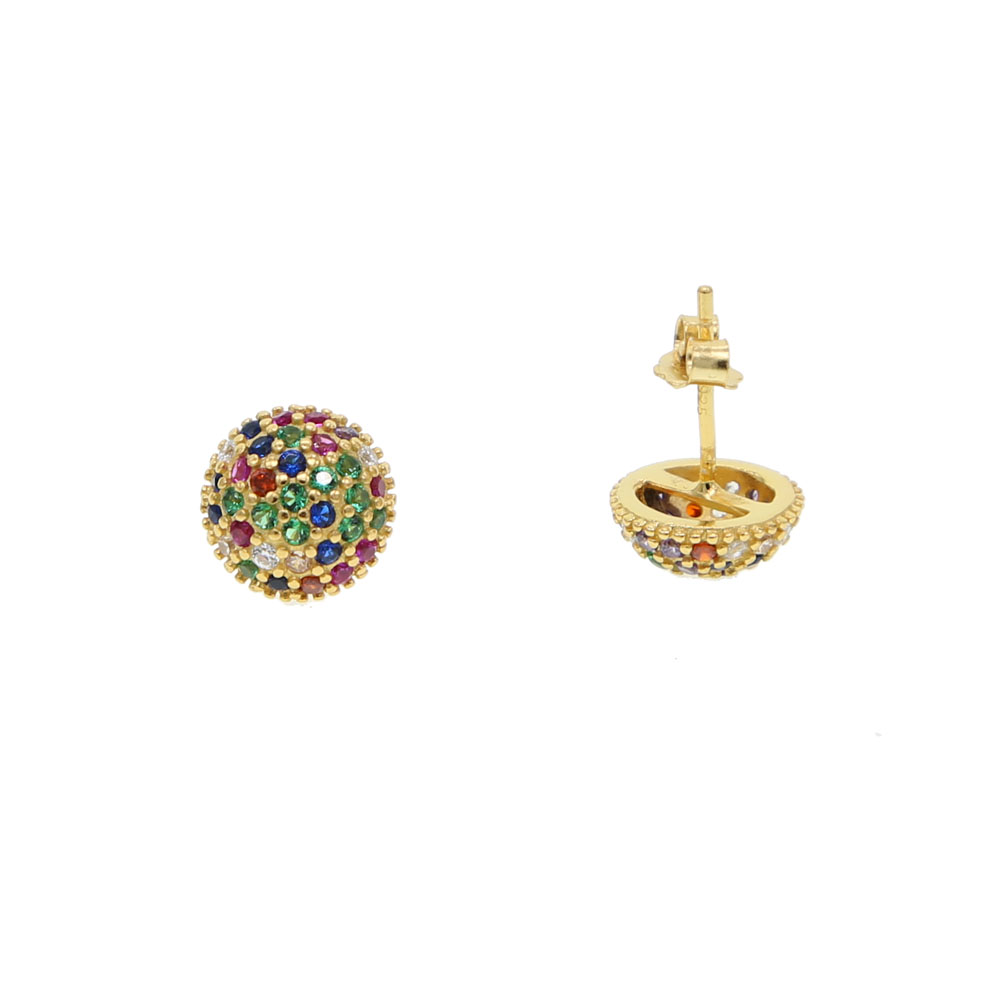 Half round ball stud earring micro pave rainbow colorful cubic zirconia Gold plated 925 sterling silver studs for girl