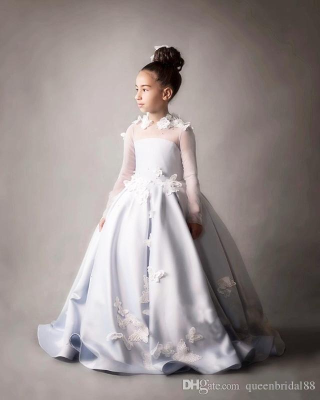 Princess Long Sleeve Flower Girls Dresses Jewel Illusion Butterfly Applique Kids Formal Party Dress Toddler Birthday Pageant Gowns Wedding