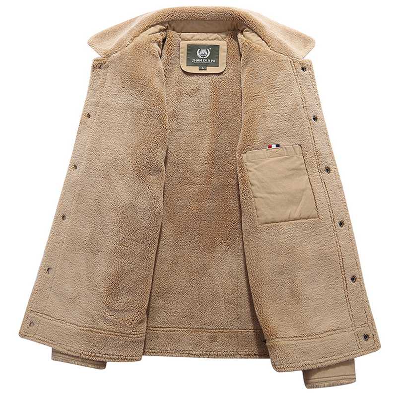 Men's Fleece Ed Bomber Jacket - Casual Thick Warm Winter Outerwear, Khaki, Asian Size 5Xl