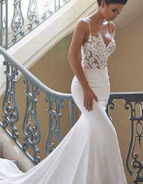 Gorgeous Long Train Straps Beach Mermaid Bridal Gowns Spaghetti Lace Dubai Wedding Dresses Appliqued Robe De Mariee Vestidos 0509 0510