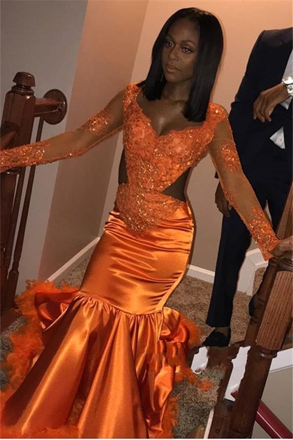 African Orange Mermaid Prom Dresses 2019 Low Neck Long Sleeves Cutaway Side Lace Feather Prom Dress Women Sexy Party Gowns BC1154